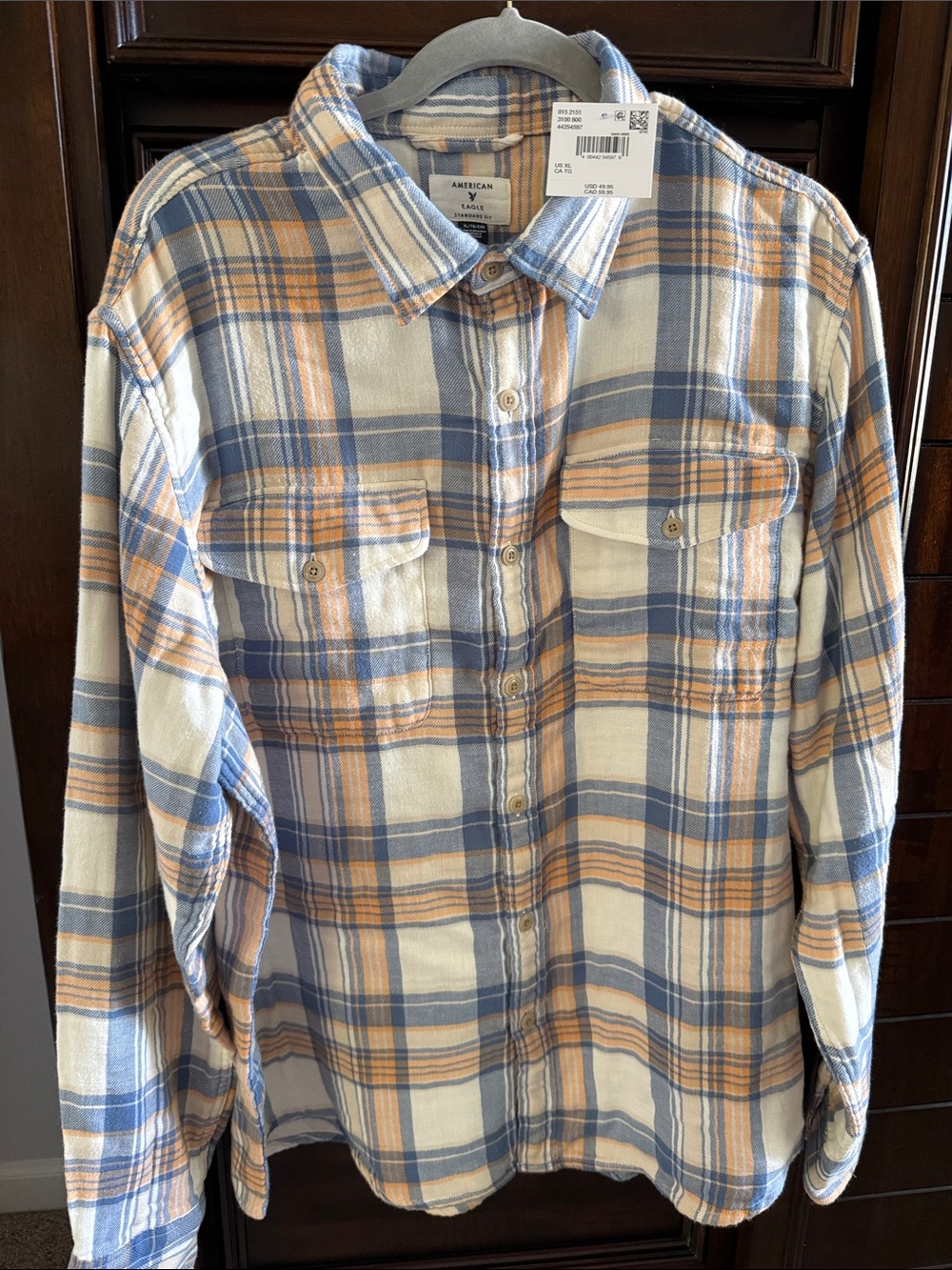 American Eagle Outfitters Men’s Blue & Cream Plaid Button-Down Shirt